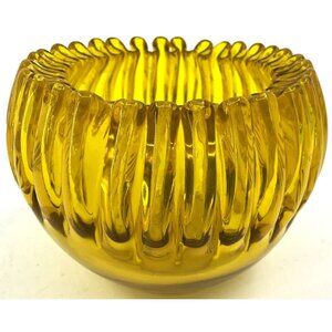 Vintage Blenko Handmade Glass Crimped Bowl Vase In Yellow Winslow Design MCM